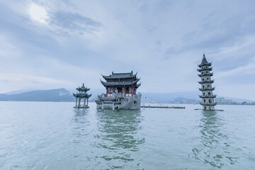 The landscape of ancient Chinese architecture archways, pavilions, terraces and towers in the center of Poyang Lake, a submerged spectacle, is located in Jiujiang City, East China's Jiangxi Province.