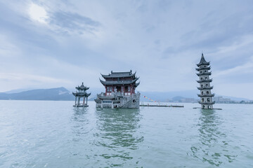 The landscape of ancient Chinese architecture archways, pavilions, terraces and towers in the...