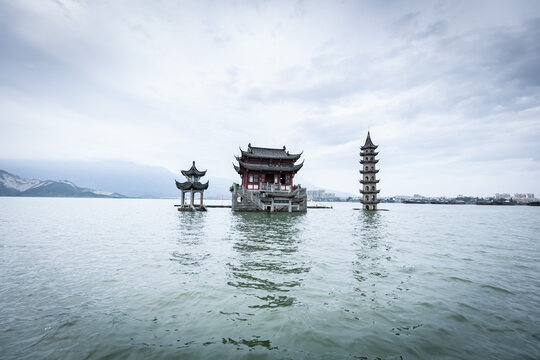 The landscape of ancient Chinese architecture archways, pavilions, terraces and towers in the center of Poyang Lake, a submerged spectacle, is located in Jiujiang City, East China's Jiangxi Province.