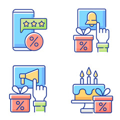 Discount and percentage RGB color icons set. Rewards and promotions. Bonuses for activities in social networks of stores. Discounts on purchases and free gifts. Isolated vector illustrations