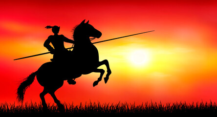 Knight on a horse on the background of a sunny sunset. Knight on horseback with a spear. Sunset. The sun. Red background