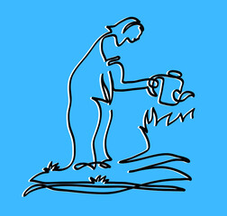 One line drawing of top view of woman watering her plants.
One continuous line drawing of Woman watering her garden with a watering can.