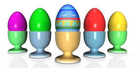 3d Ostereier mit farbigen Eierbecher, isoliert