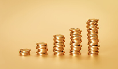 Gold finance coin or money currency cash on golden treasure background with pile of coins. 3D rendering.