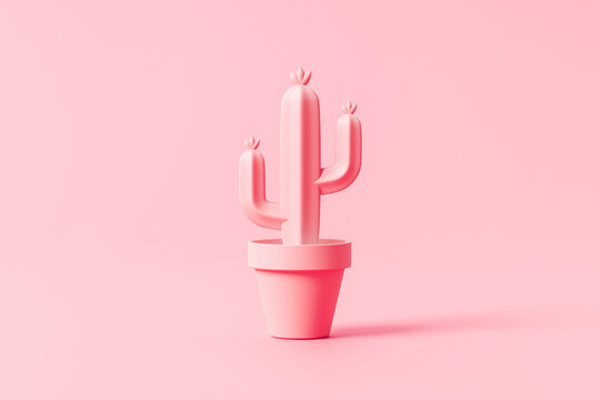 Pink cactus plant pot flower on summer art background with tropical desert decoration. 3D rendering.