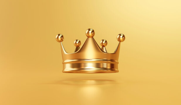 Gold royal king crown on golden background with emperor treasure. 3D rendering.