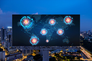 Hologram of Earth planet map on billboard over night panoramic cityscape of Kuala Lumpur, Malaysia, Asia. The concept of international companies in KL. Globe