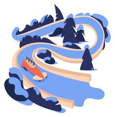 Bobsled or bobsleigh track with people riding sled in winter landscape. Ice and snow, trees and bushes, winding road