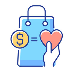 Money from purchases going to charity RGB color icon. Buy and donate. Charity and loyalty programs. Benefits and rewards. Spending money and getting bonuses. Isolated vector illustration