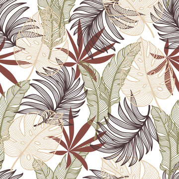 Tropical seamless fashion pattern with bright and colorful plants and leaves on a pastel background. Beautiful seamless vector floral pattern. Exotic jungle wallpaper.
