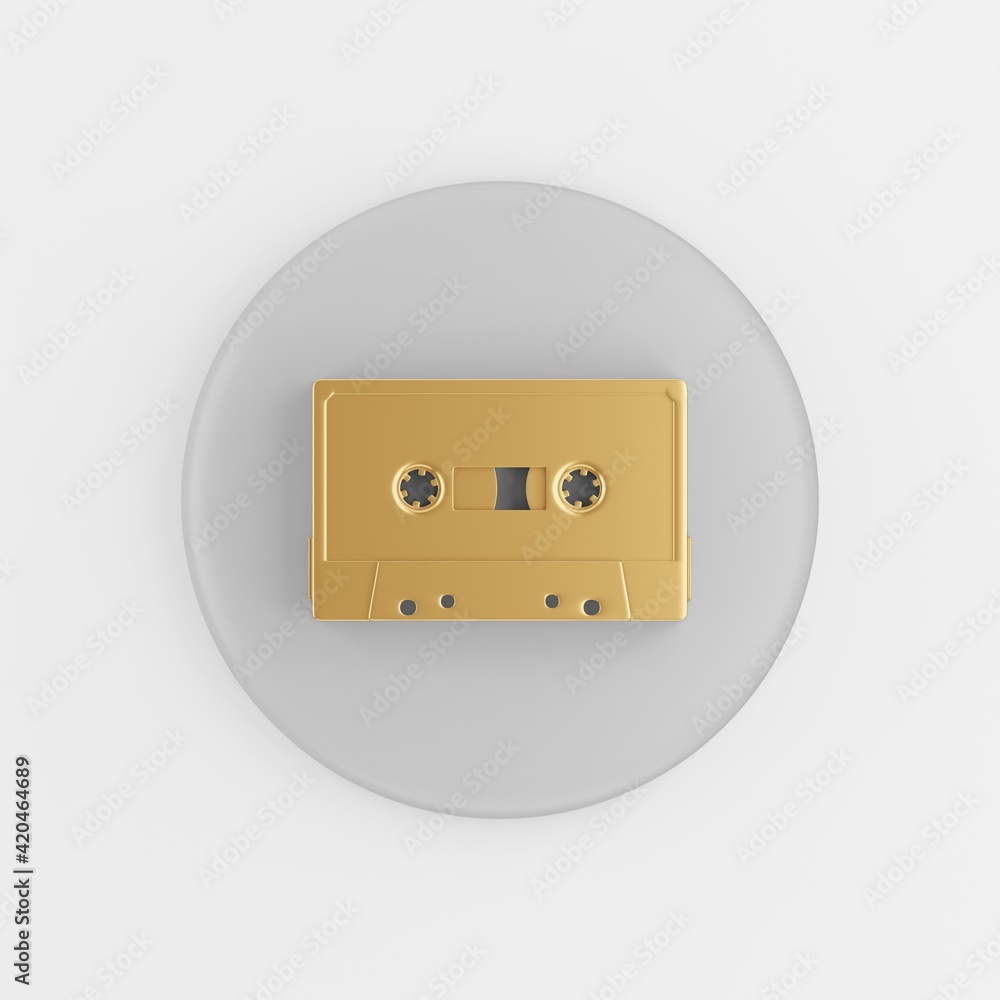 Poster golden cassette icon. 3d rendering gray round key button, interface ui ux element.