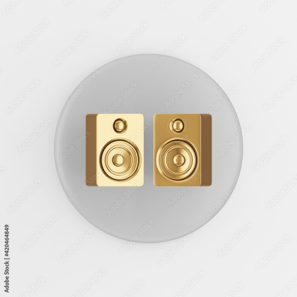 Poster gold speakers icon. 3d rendering gray round key button, interface ui ux element.