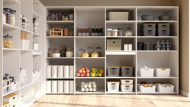 Organised Pantry Items In Storage Room With Nonperishable Food Staples, Preserved Foods, Healty Eatings, Fruits And Vegetables