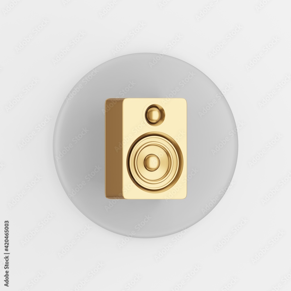 Poster gold speaker icon. 3d rendering gray round key button, interface ui ux element.