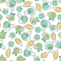 Vector seamless pattern with cute vegetables on white background, avocado, broccoli and carrot with colored spots