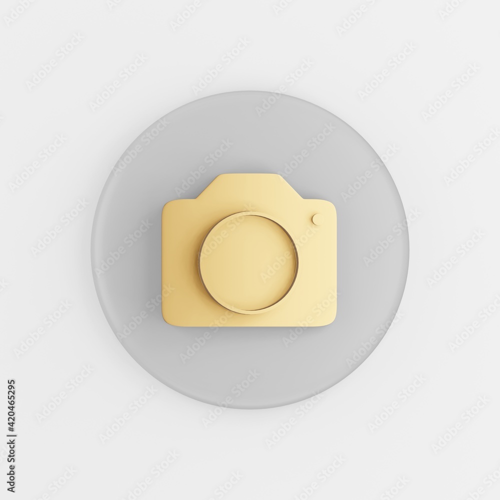 Poster gold photo camera icon in flat style. 3d rendering gray round key button, interface ui ux element.