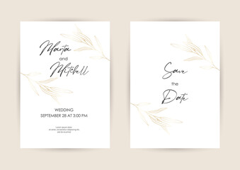 Fototapeta na wymiar Wedding Invitation with Gold Flowers and gold geometric line design. Cover design with an ornament of golden leaves. vector eps10