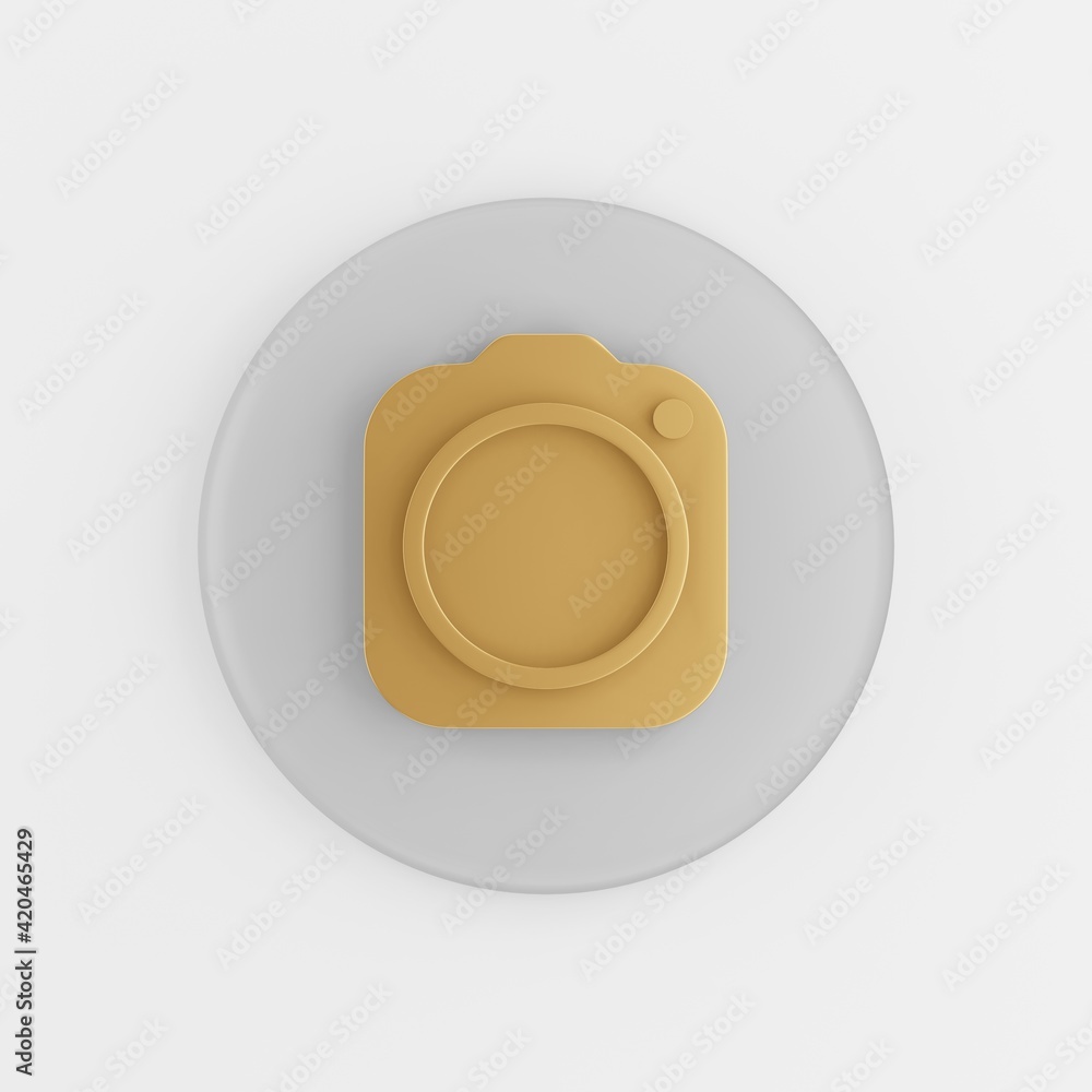 Poster gold photo camera icon. 3d rendering gray round key button, interface ui ux element.