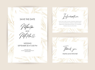 Wedding Invitation with Gold Flowers and gold geometric line design. Cover design with an ornament of golden leaves. vector eps10