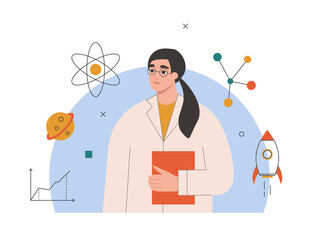 Science, theoretical or practical physics, astronomy concept. Woman scientist, female professor in uniform studying atoms and space. Scientific research and innovation. Isolated vector illustration