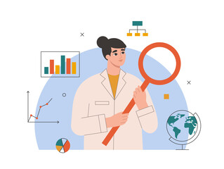 Data science, statistics analysis concept. Woman scientist, female professor in uniform analysing information. Scientific research and innovation. Isolated flat vector illustration