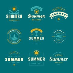 Summer holidays labels and badges retro typography design set.