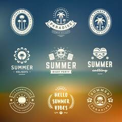 Summer holidays labels and badges retro typography design set.