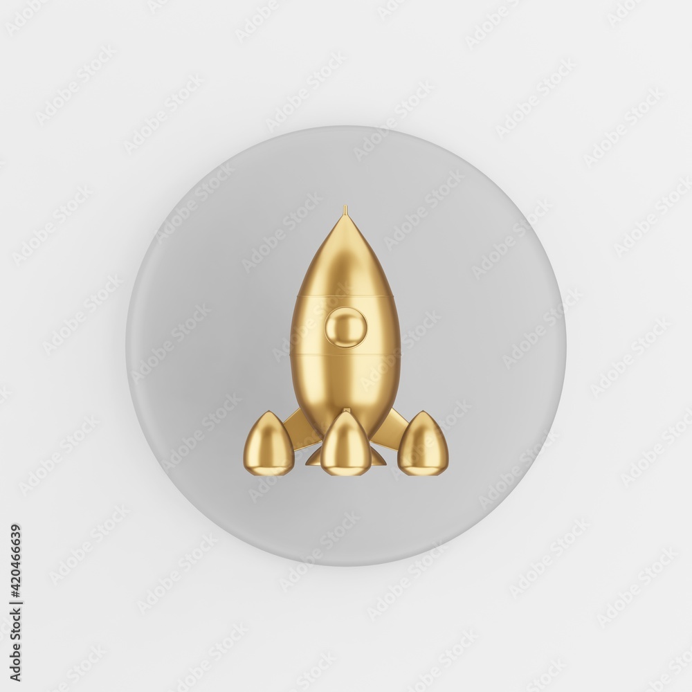Poster golden space rocket icon. 3d rendering gray round key button, interface ui ux element.