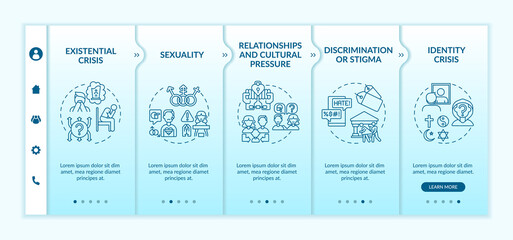 Fototapeta na wymiar Religious issues onboarding vector template. Existential crisis. Sexual orientation. Discrimination, stigma. Responsive mobile website with icons. Webpage walkthrough step screens. RGB color concept