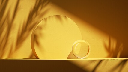 3d render, abstract sunny yellow background with shadow and bright sunlight. Minimal showcase for product presentation, scene with blank round board and glass ball.