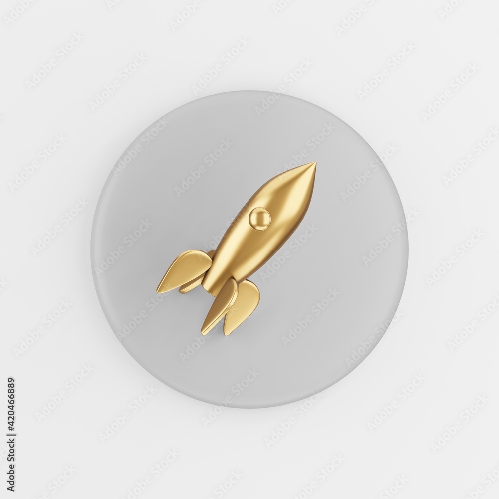 Poster golden rocket icon. 3d rendering gray round key button, interface ui ux element.