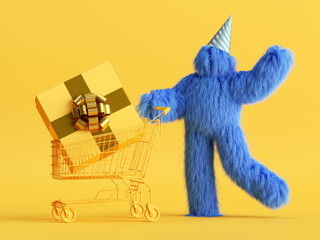 3d render, funny Yeti cartoon character goes with gift box inside the shopping cart, hairy blue monster celebrating birthday party. Sale concept. Festive clip art isolated on yellow background