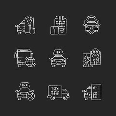 Taxi service chalk white icons set on black background. Party bus. Easy navigation. Cargo taxi. Contactless payment. Convenient transportation. Isolated vector chalkboard illustrations