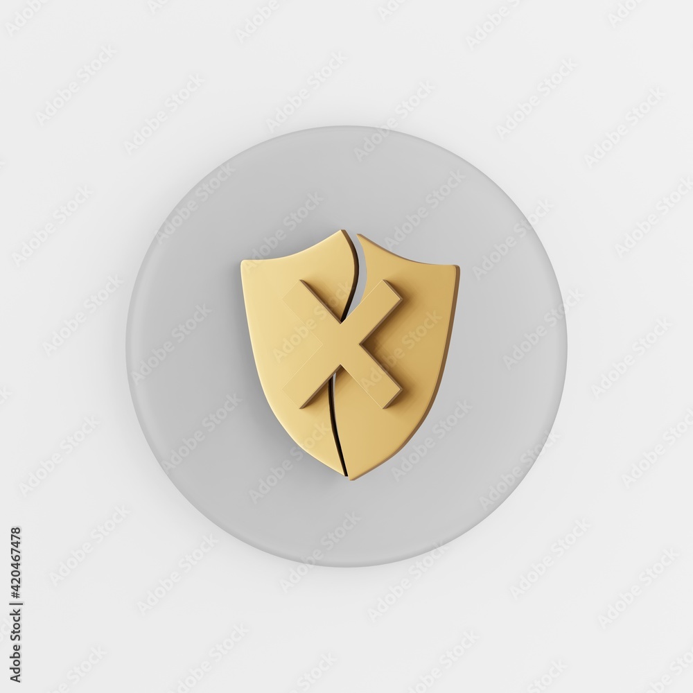 Poster golden broken shield icon. 3d rendering gray round key button, interface ui ux element.