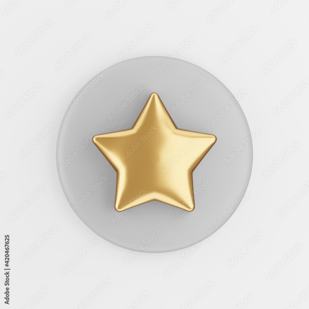 Poster gold star icon in cartoon style. 3d rendering gray round key button, interface ui ux element.