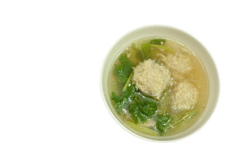 boiled chop pork stuffed glass noodles with slice celery soup on bowl
