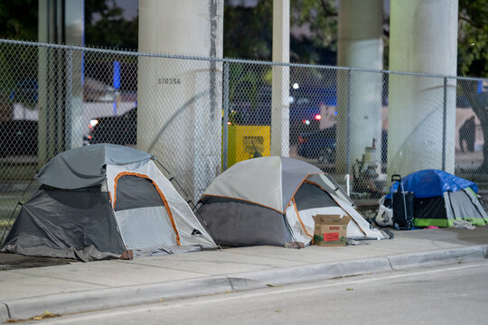 Tents at Downtown Miami with homeless people living on the streets