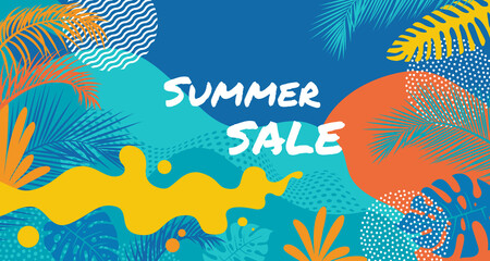 Fototapeta na wymiar Summer Sale banner design. Tropical background with palm leaves. Best offer for summer sale promotion background