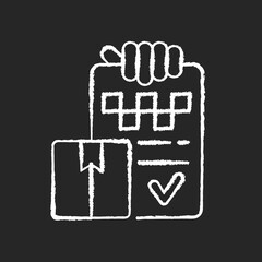 Package delivery chalk white icon on black background. Online order. Hand with filled paper. Fast courier Shipping service. Online purchase delivery. Isolated vector chalkboard illustration