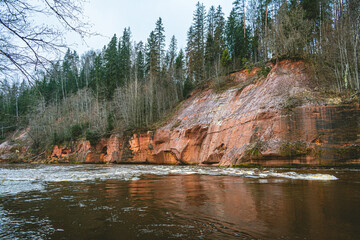 Highest devonian rock in Latvia - Kuku (Ķūķu) cliffs - 43 metres during gloomy autumn day by the...