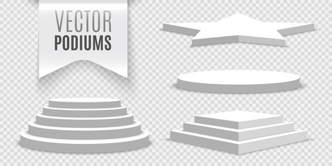 White blank podiums on transparent background. Collection of pedestals. Vector illustration.