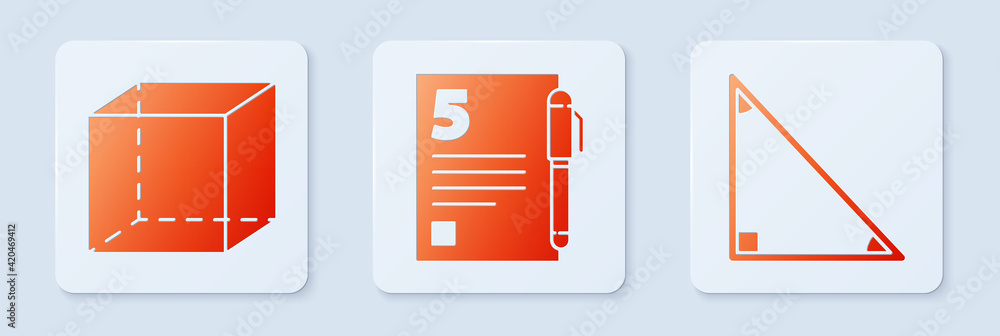 Poster set test or exam sheet and pen, geometric figure cube and triangle math. white square button. vector