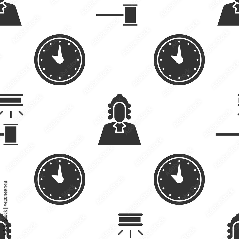 Poster set judge gavel, judge and clock on seamless pattern. vector