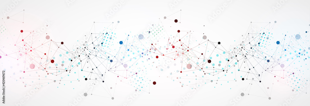 Poster Template for science and technology presentation. Circles are connected by lines. Plexus style background.