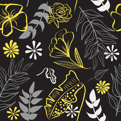 Seamless pattern of ultimate gray hand draw tropical leaves of palm tree and illuminating yellow flowers