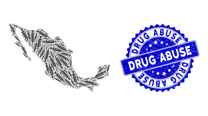 Mexican mosaic map created of syringe items, and Drug Abuse distress seal stamp. Vector syringe randomized flat pictograms are organized into mosaic map of Mexico country.