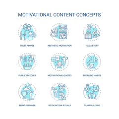 Motivational content concept icons set. Making people feel inspirational idea thin line RGB color illustrations. Achieving goals and willingness. Vector isolated outline drawings. Editable stroke