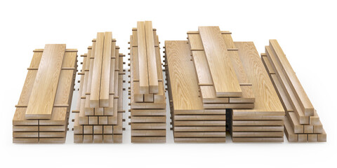 Stacks of wooden planks on white. 3D illustration 