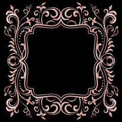 Rose golden shiny glowing ornate frame isolated over black