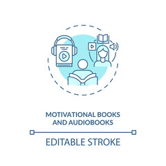Motivational books and audiobooks concept icon. Listening to inspiration information idea thin line illustration. Mentoring. Vector isolated outline RGB color drawing. Editable stroke